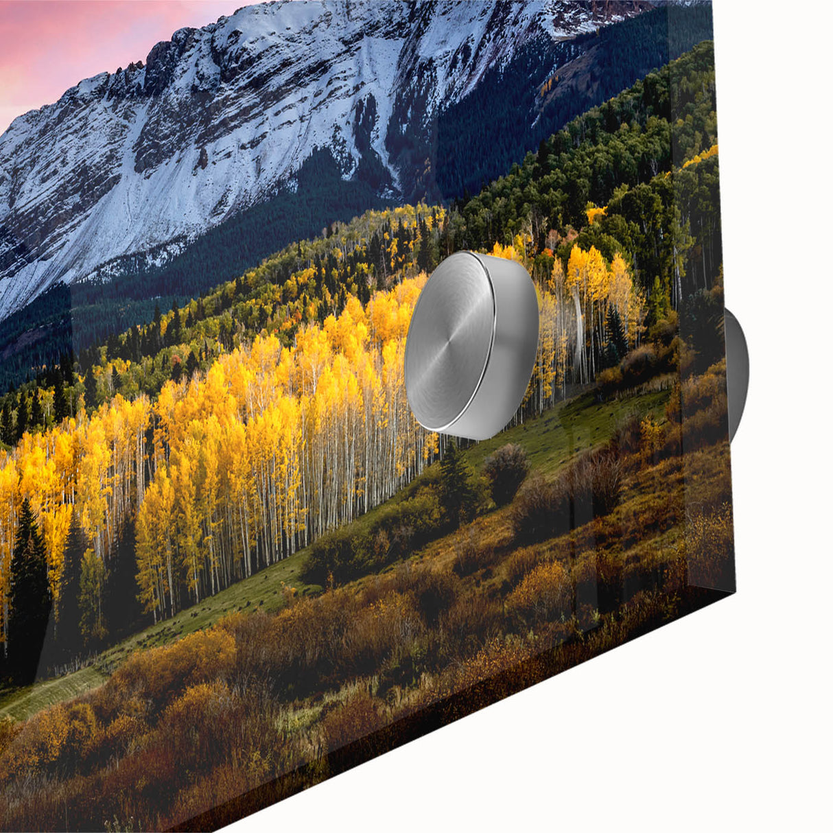 Large abstract wall art depicting Telluride, Colorado in muted earth tones on acrylic glass, suitable for dining room decor.
