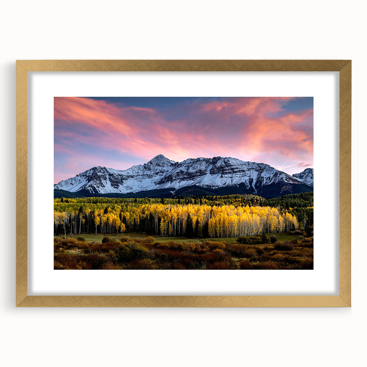 Extra large abstract art print of Telluride, Colorado, in textured hues of gold and brown on a framed canvas.
