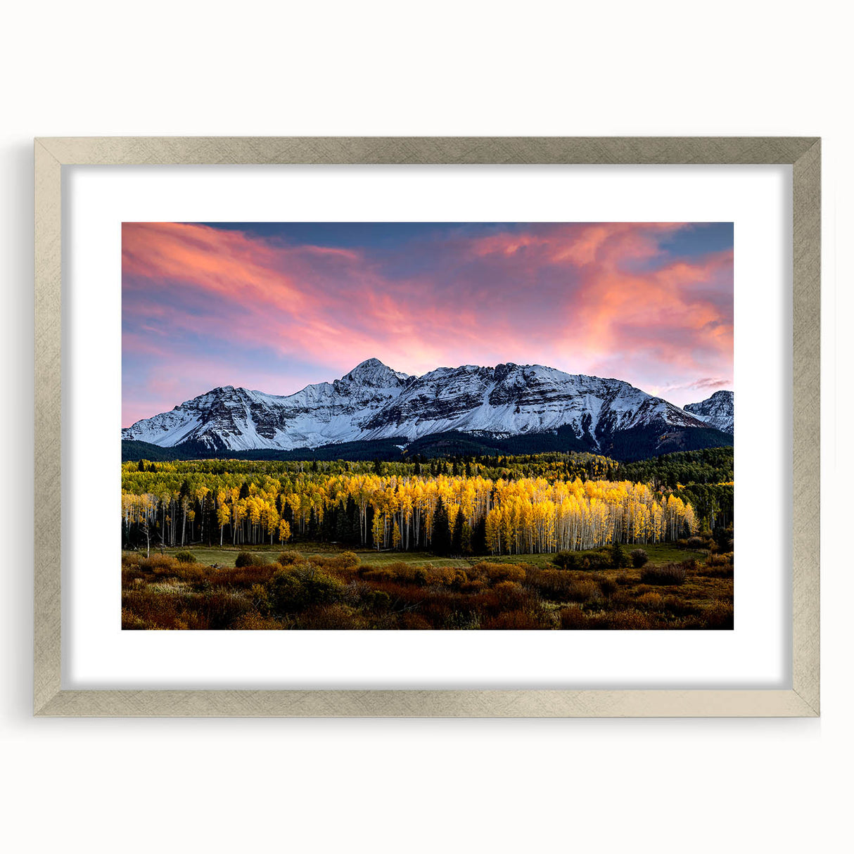 Textured abstract art print of Telluride, Colorado scenery in muted earth tones on a framed silver mat.