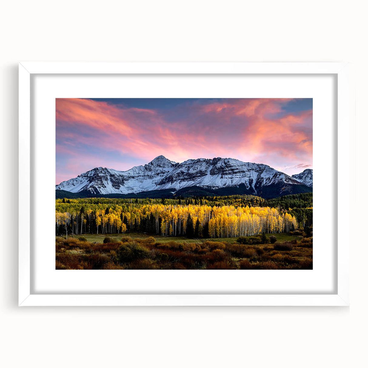 Abstract art print of Telluride, Colorado, featuring muted earth tones on a framed white mat, ideal for dining room decor.