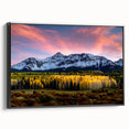 Black and white wall art featuring a vintage poster-style landscape of Telluride, Colorado on a framed canvas.