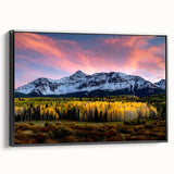 Black and white wall art featuring a vintage poster-style landscape of Telluride, Colorado on a framed canvas.