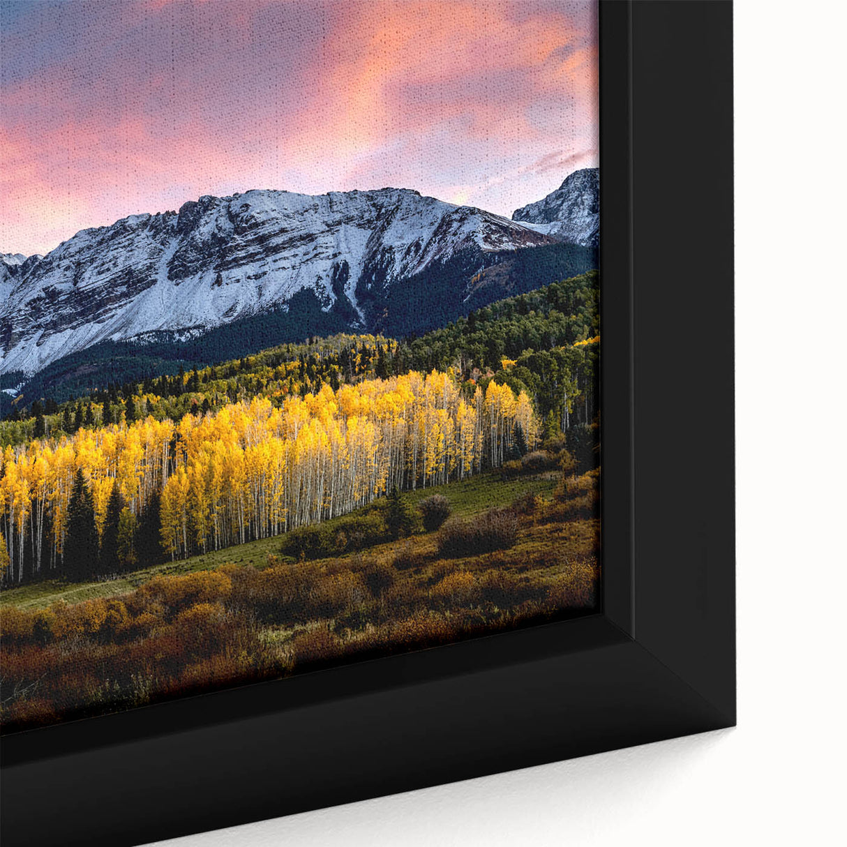 Textured black wall art depicting colorful Telluride, Colorado scenery on a framed canvas, ideal for living room decor.