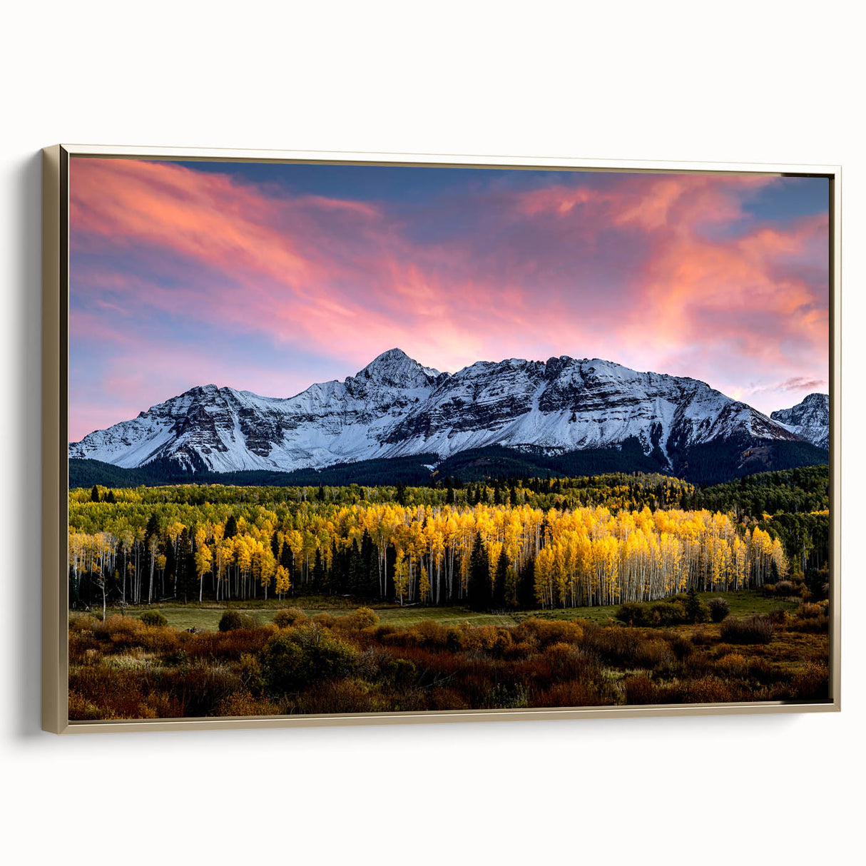 Framed canvas of vintage-style Telluride, Colorado landscape in muted earth tones, ideal for bedroom wall art.
