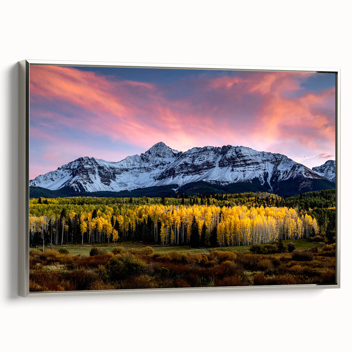 Landscape art painting of Telluride, Colorado, featuring colorful vintage poster art on a framed canvas.