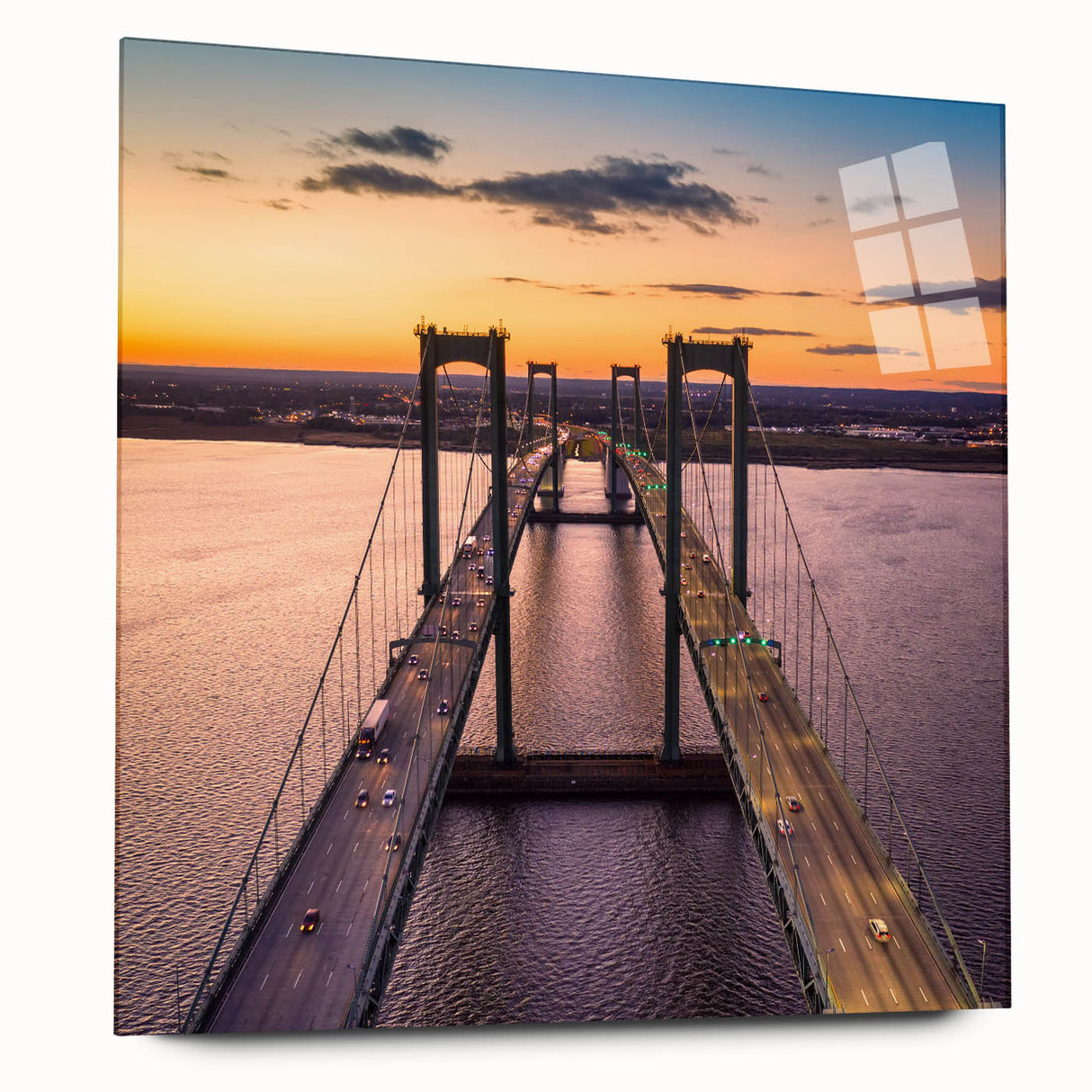 Large abstract wall art depicting a Delaware scenery in muted blues and greens on acrylic glass.