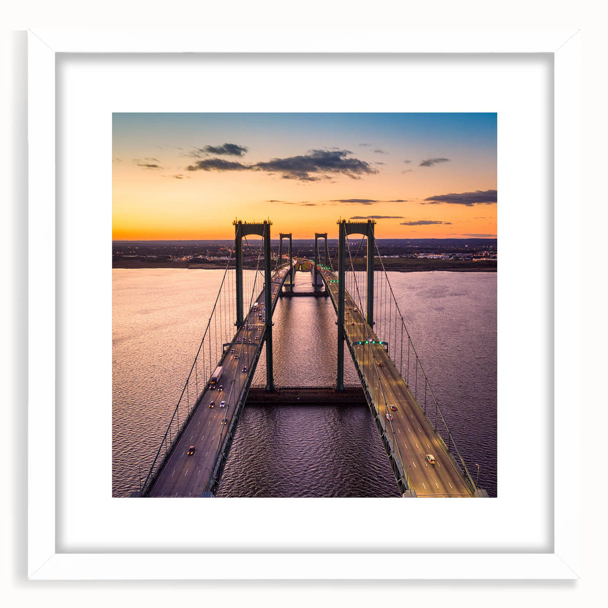 Abstract art print of Delaware scenery in muted green and blue tones, framed with a white mat.