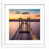 Abstract art print of Delaware scenery in muted green and blue tones, framed with a white mat.