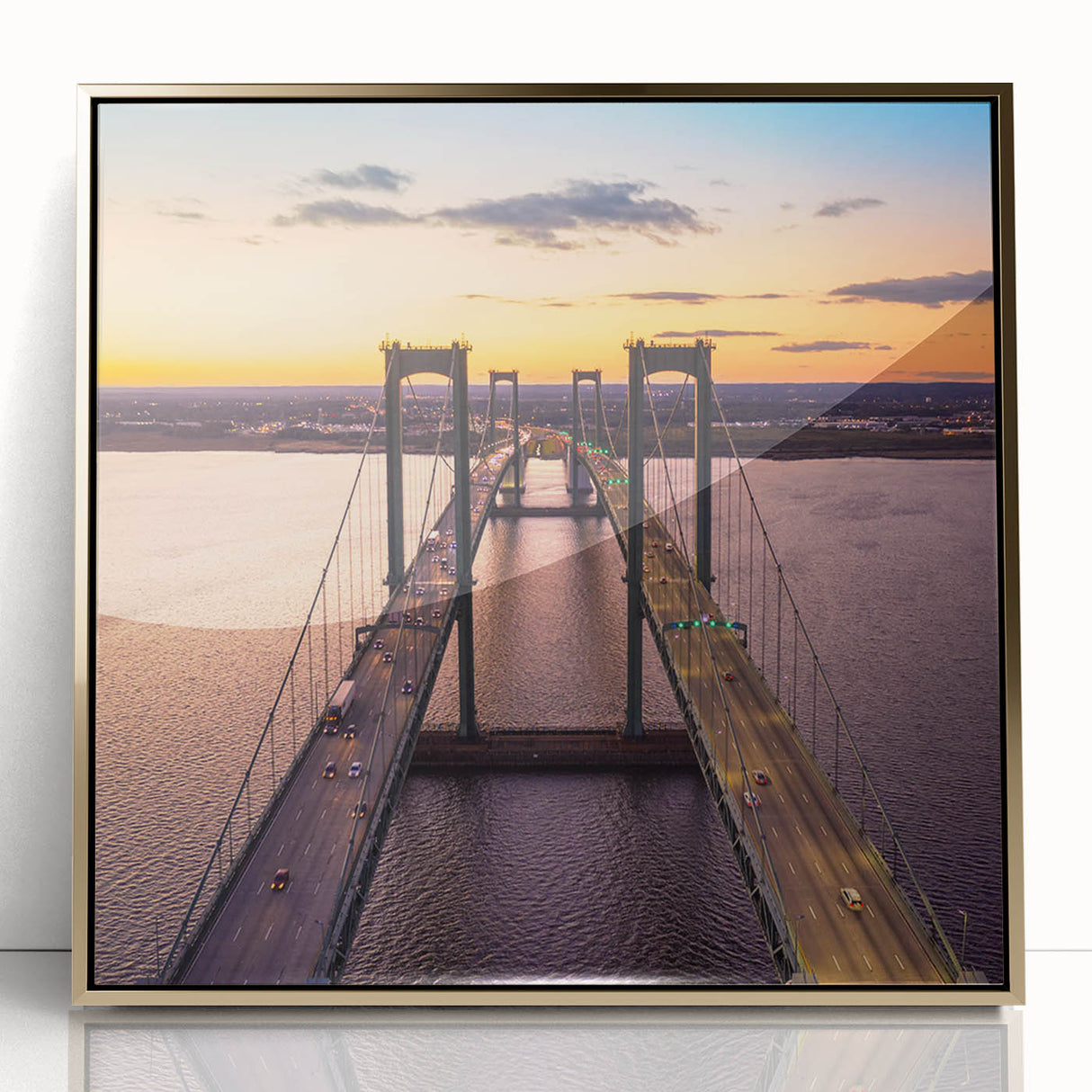 Mid-century modernist art of Delaware scenery in acrylic, framed in gold, featuring cool blues and greens.