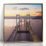 Mid-century modernist art of Delaware scenery in acrylic, framed in gold, featuring cool blues and greens.