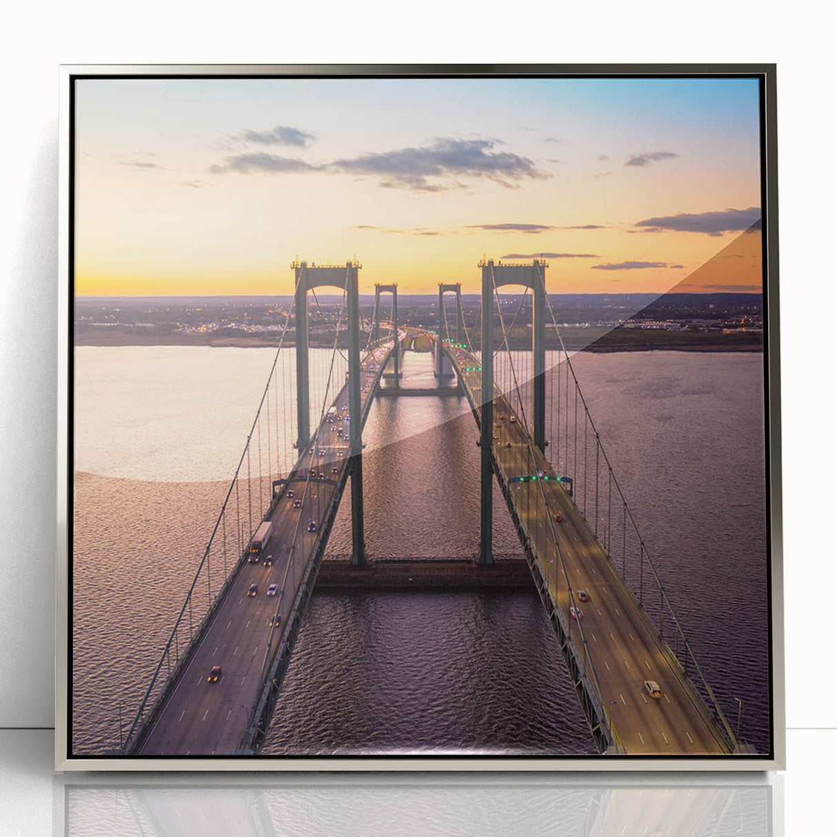 Mid-century modernist art depicting Delaware scenery in muted earth tones on a framed acrylic print.
