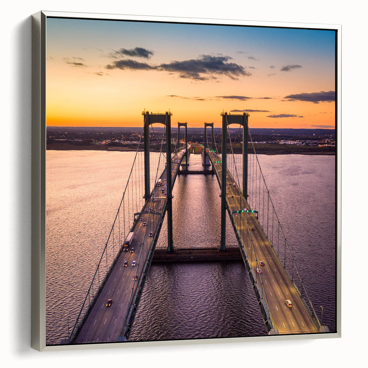 Framed canvas featuring a vintage Delaware landscape painting in colorful hues.
