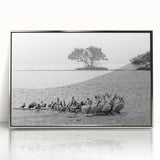 Mid-century modernist art depicting the Everglades in muted green and blue tones, silver-framed acrylic print.