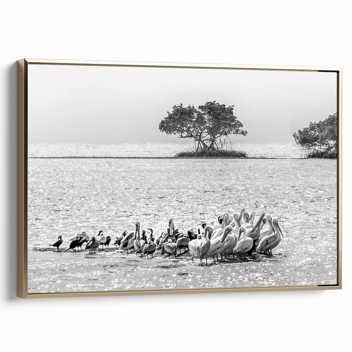 Framed canvas depicting a vintage-style landscape of the Everglades in muted greens and golds, ideal for bedroom wall art.