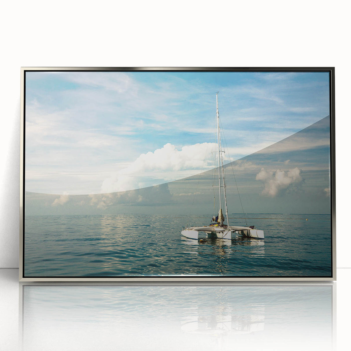 Mid-century modernist art depicting the Florida Keys scenery in muted blue and green tones, acrylic print framed in silver.