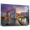 Acrylic print of a large abstract depiction of Miami, featuring vibrant blue and pink tones.