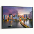 Black and white framed canvas of Miami landscape, ideal for bedroom wall art, featuring vintage poster style.