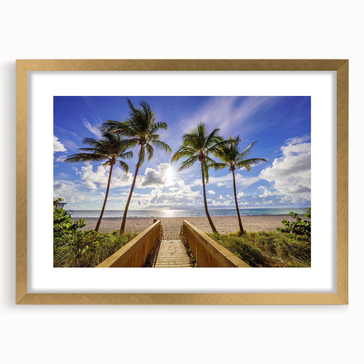 Extra large abstract art print of a textured Florida beach scene in pastel shades, framed in gold.