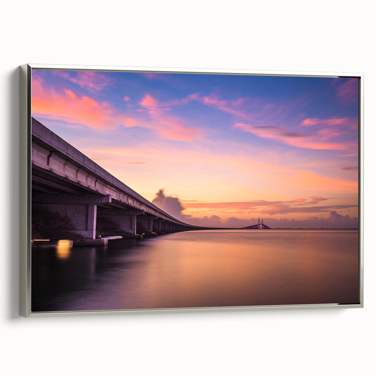 Framed canvas of a vintage-style Tampa landscape with colorful art on a black background, ideal for living room decor.