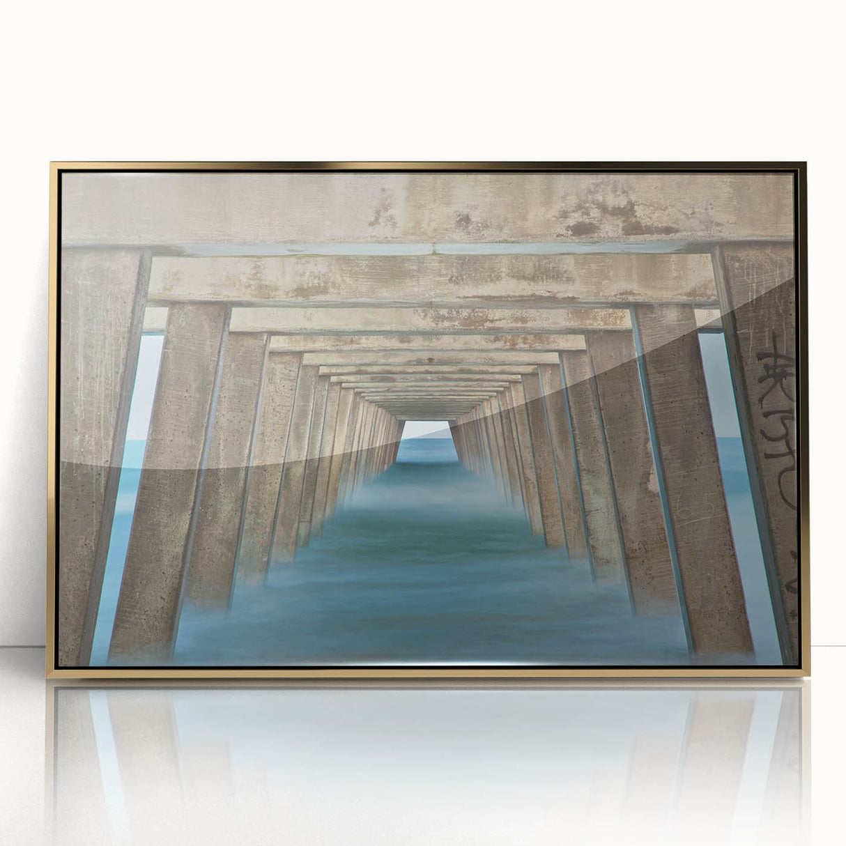 Framed acrylic print of Savannah, Georgia, featuring gold tones and mid-century modernist style.