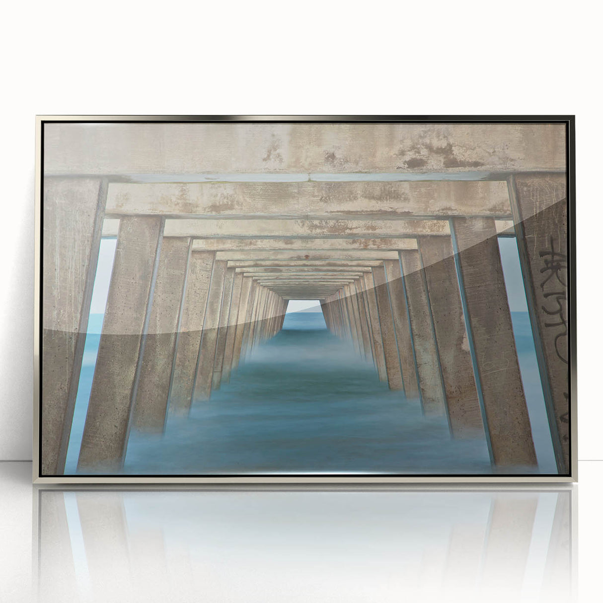 Mid-century modernist art depicting Savannah, Georgia, in muted gray and blue tones on a framed acrylic print.