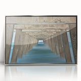 Mid-century modernist art depicting Savannah, Georgia, in muted gray and blue tones on a framed acrylic print.
