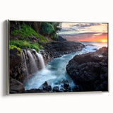 Framed canvas landscape art painting of Kauai, Hawaii, featuring a vibrant palette of green and blue.