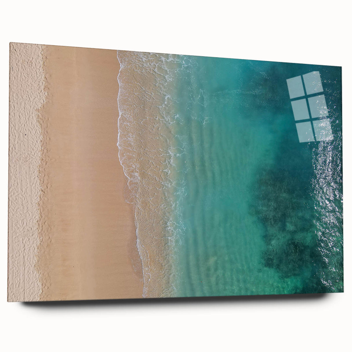 Large abstract depiction of Oahu's coastline in muted blue and green hues on acrylic glass.