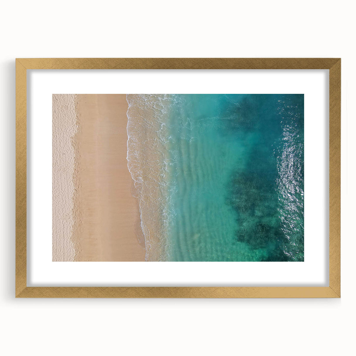 Extra large abstract art print of Oahu's scenery, with textured elements in gold frame, ideal for living room decor.