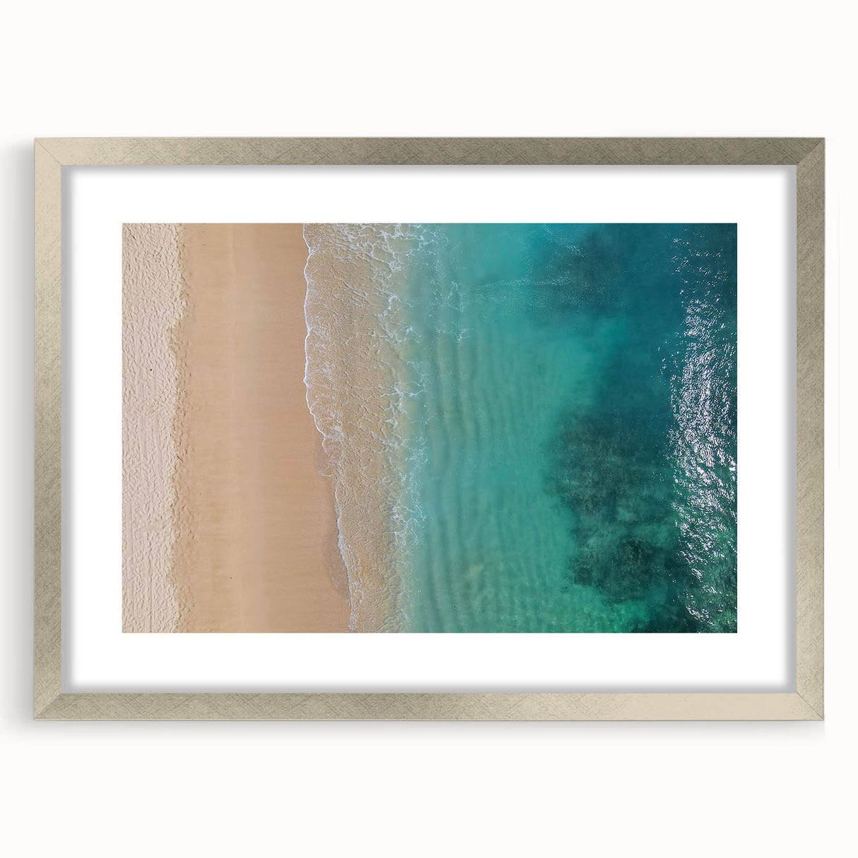 Textured abstract art print of Oahu, Hawaii in muted oceanic tones on a framed silver mat, ideal for bedroom art.
