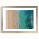 Textured abstract art print of Oahu, Hawaii in muted oceanic tones on a framed silver mat, ideal for bedroom art.