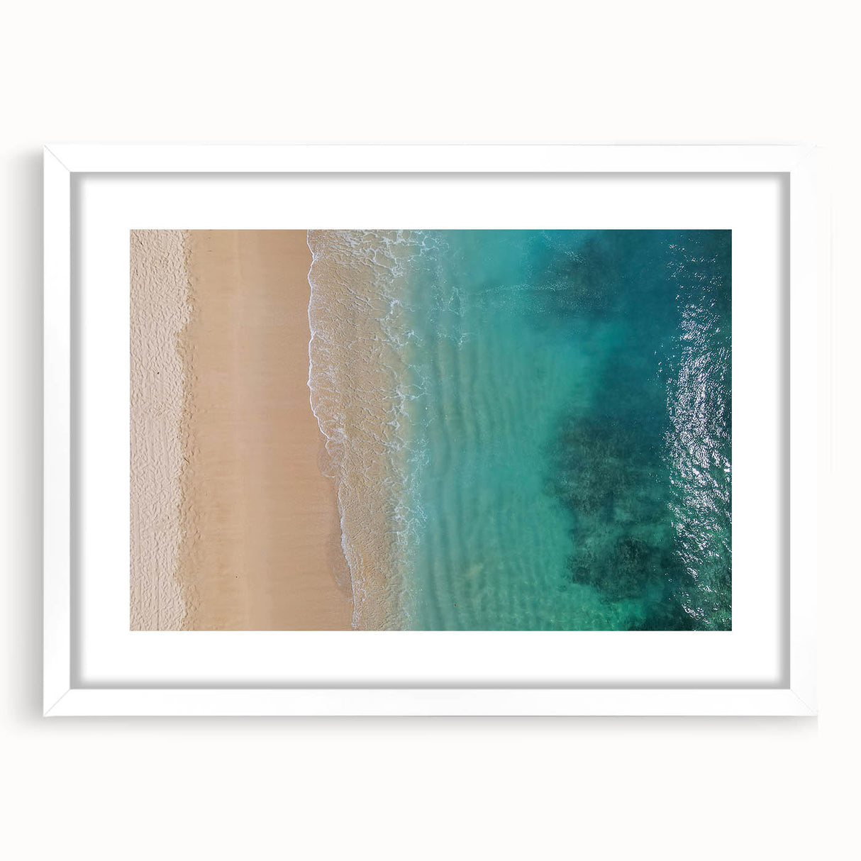 Abstract art print of Oahu, Hawaii, with vibrant blue and green tones on a white framed canvas, ideal for dining room decor.