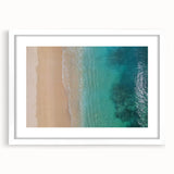 Abstract art print of Oahu, Hawaii, with vibrant blue and green tones on a white framed canvas, ideal for dining room decor.