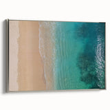 Framed canvas of a vintage-style landscape painting depicting Oahu, Hawaii, with colorful artwork against a black background.