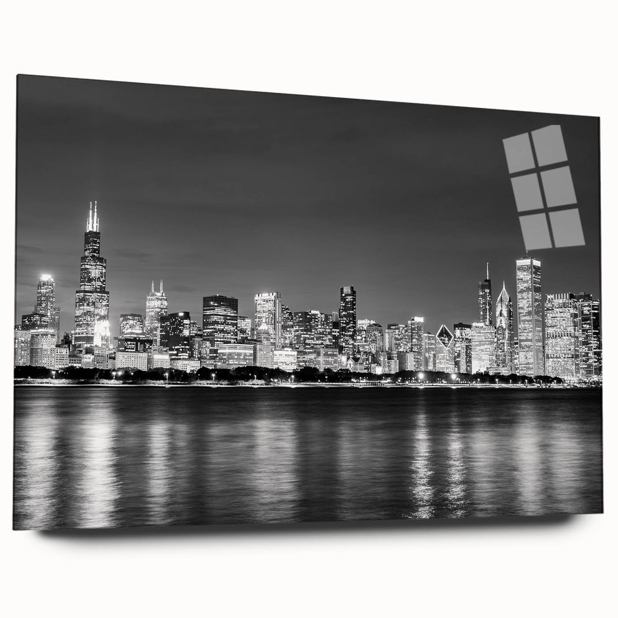 Large abstract depiction of Chicago skyline in muted gray and blue tones on acrylic glass.