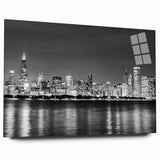 Large abstract depiction of Chicago skyline in muted gray and blue tones on acrylic glass.