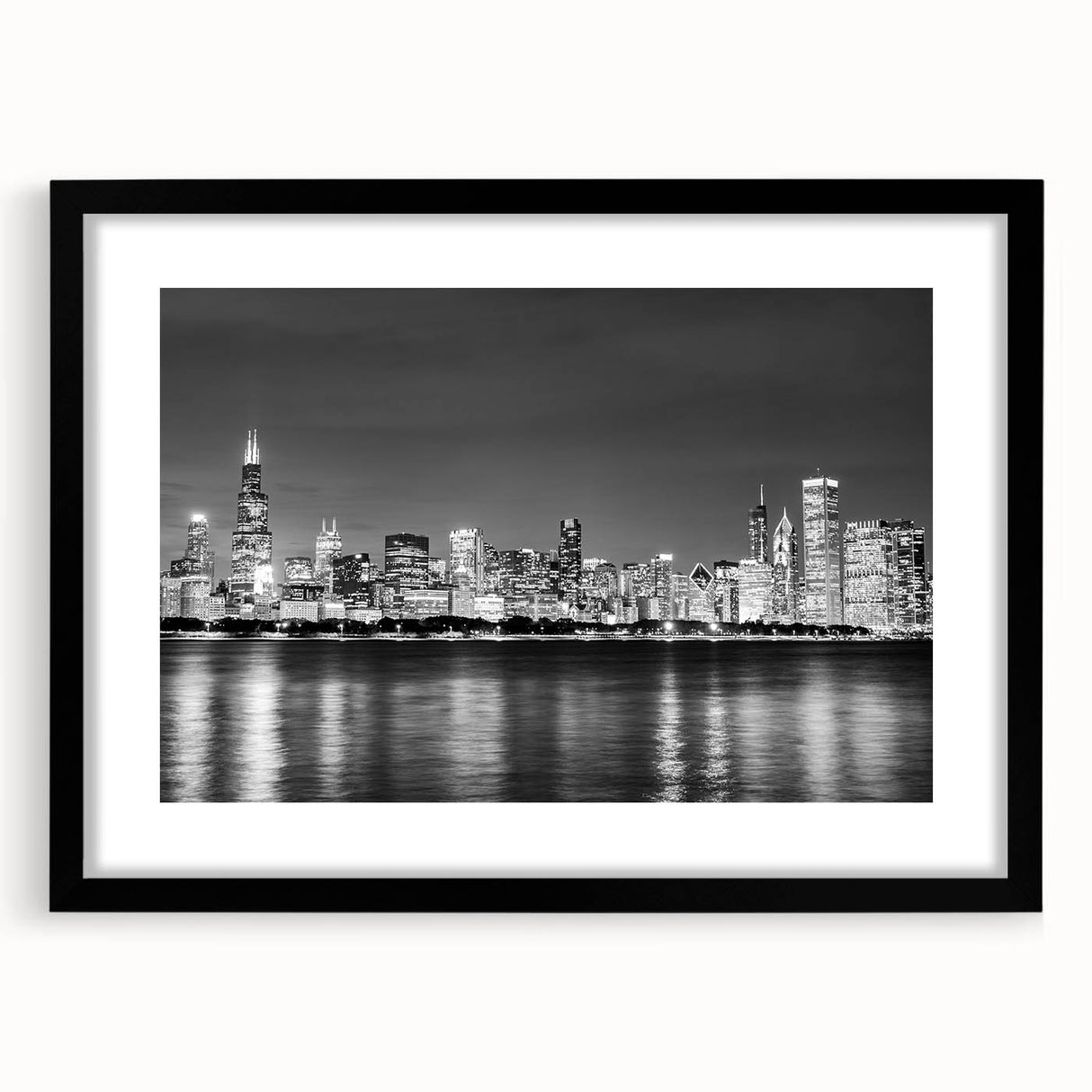 Abstract art print of Chicago skyline in vibrant colors on a large textured canvas, suited for living room decor.
