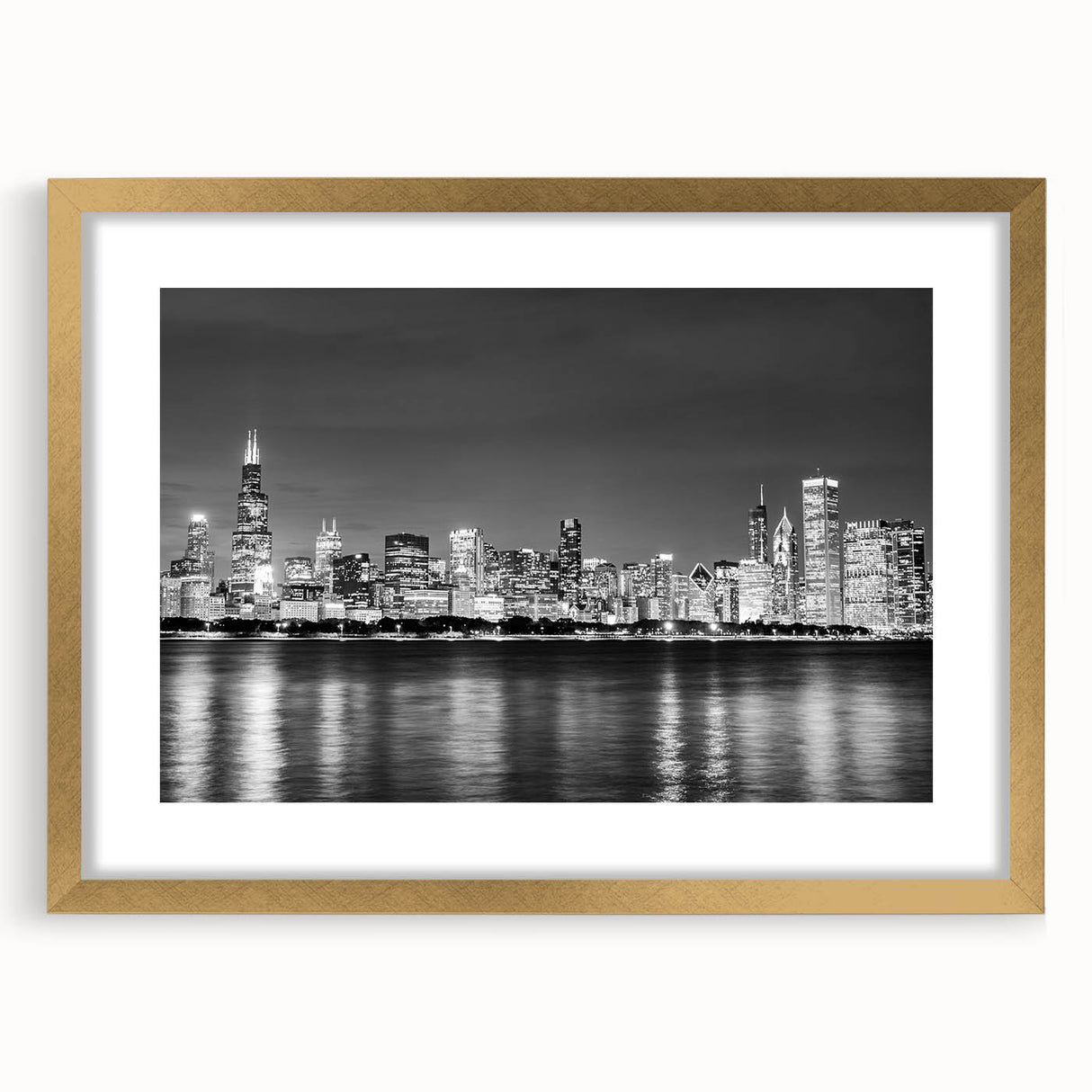 Extra large abstract art print of Chicago skyline in textured gold frame, ideal for living room decor.