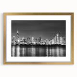Extra large abstract art print of Chicago skyline in textured gold frame, ideal for living room decor.