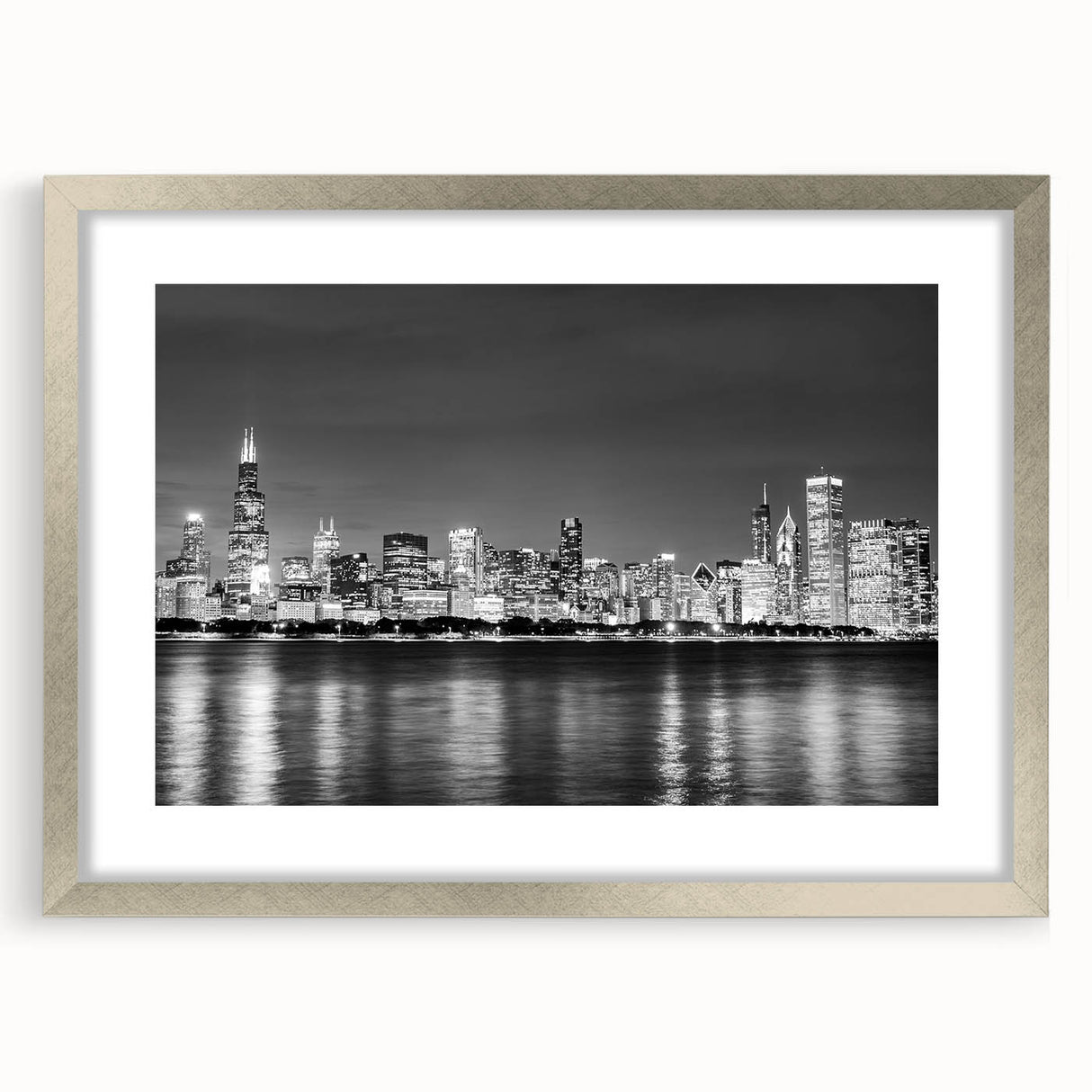 Textured abstract art print of Chicago skyline in muted gray tones on a framed canvas, suitable for bedroom art.