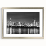 Textured abstract art print of Chicago skyline in muted gray tones on a framed canvas, suitable for bedroom art.