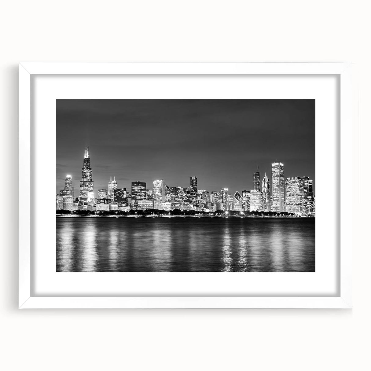 Abstract art print of Chicago skyline in muted gray and blue tones on a white framed poster, ideal for dining room decor.
