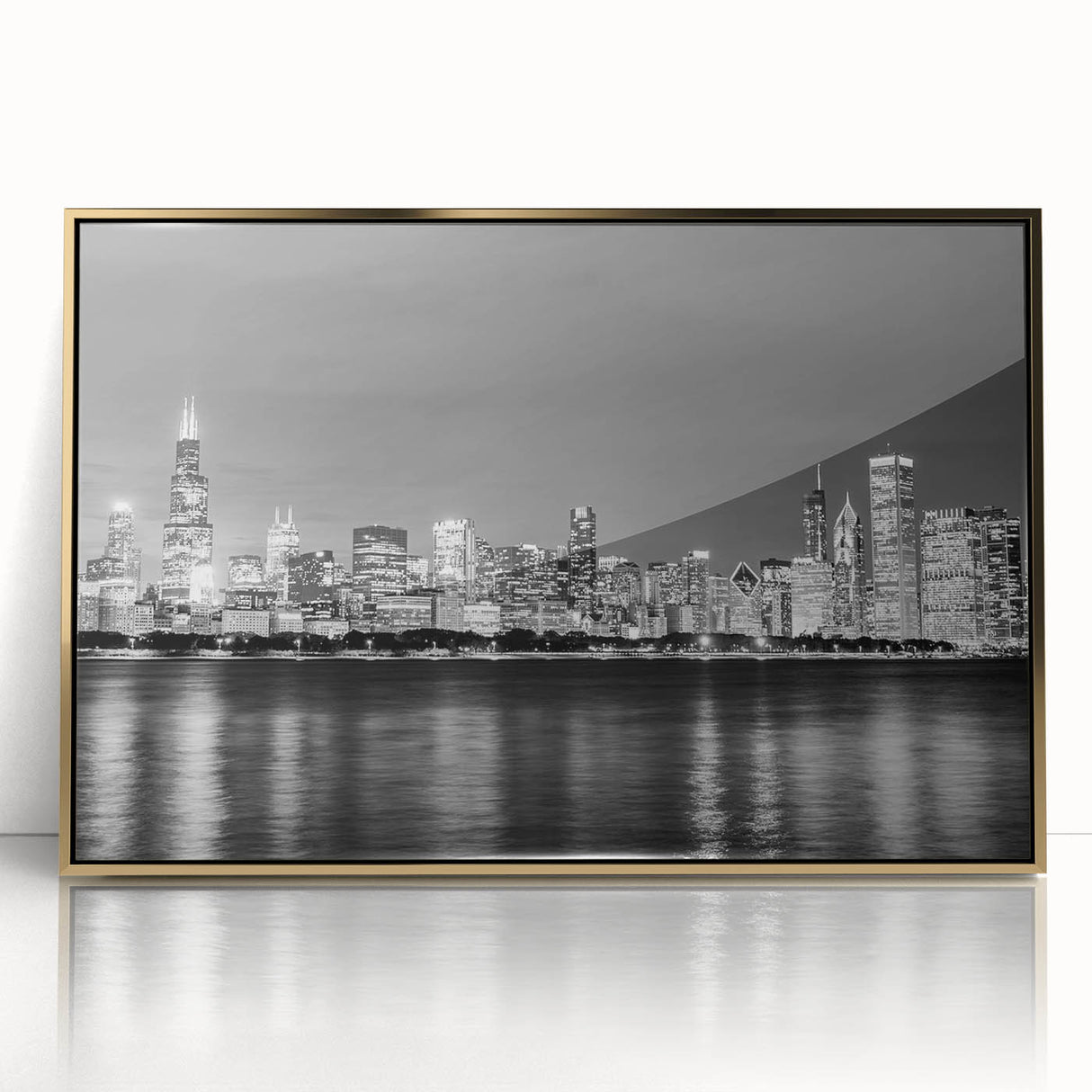 Large art print of Chicago skyline in gold and black tones on framed acrylic, ideal for modern art wall decor.