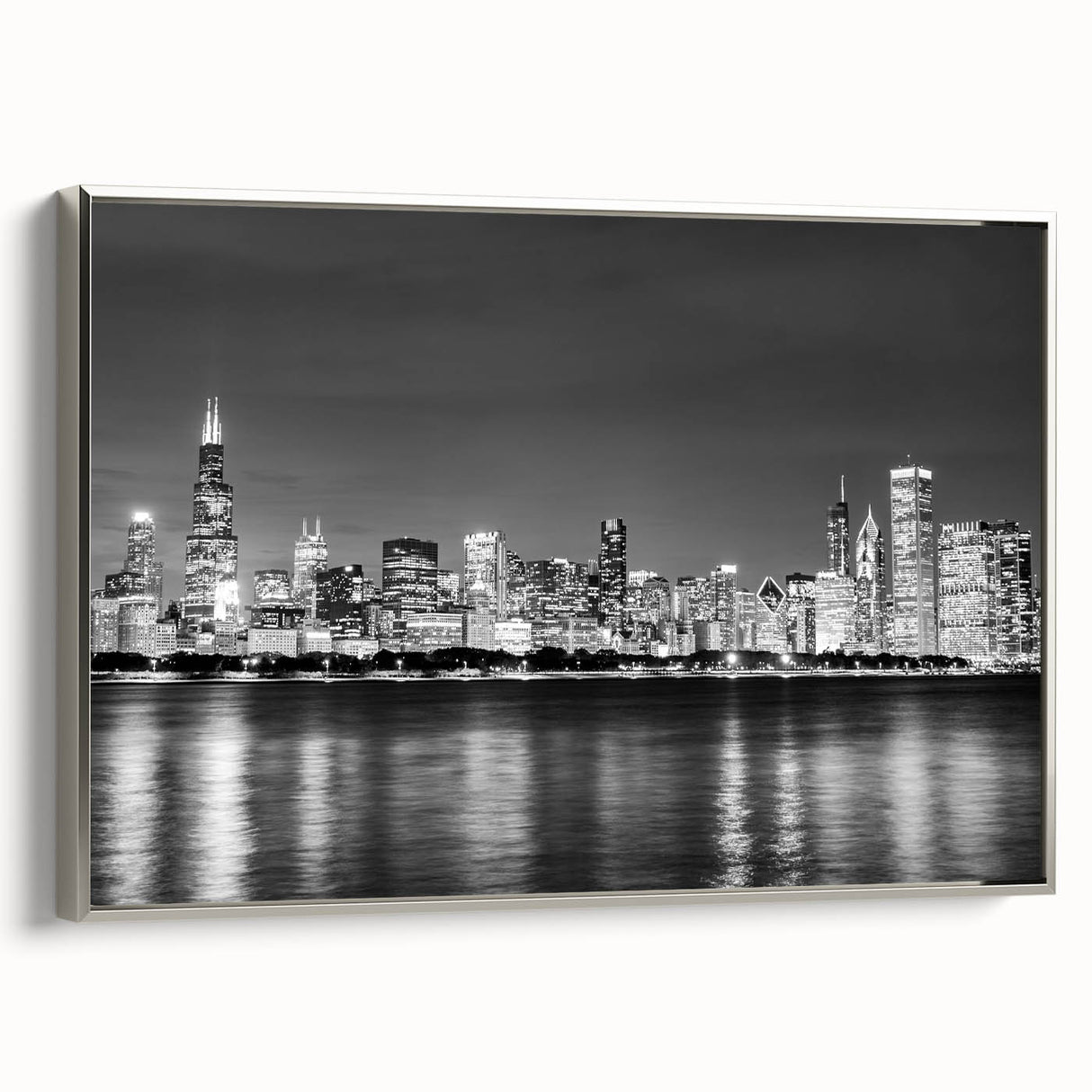 Framed canvas of a vintage Chicago skyline landscape in muted black with colorful accents, ideal for office decor.