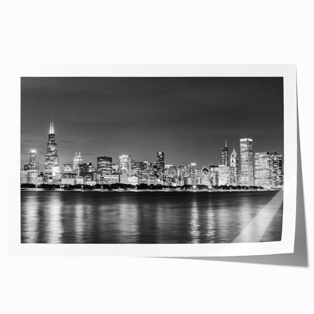 Extra large rolled print of Chicago skyline with muted blue tones, ideal for art wall dining room.