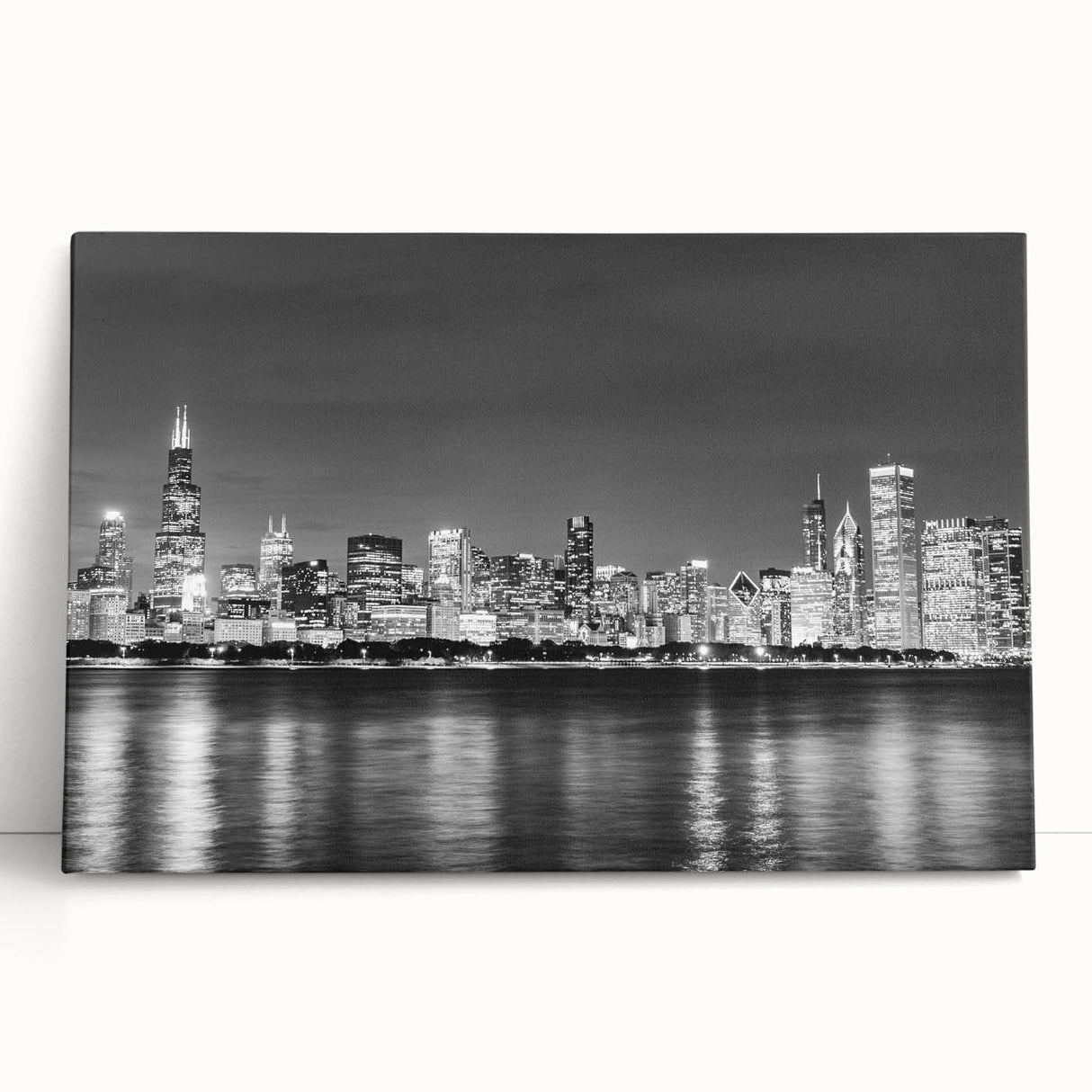 Black and white stretched canvas of Chicago skyline, ideal for kitchen wall art.