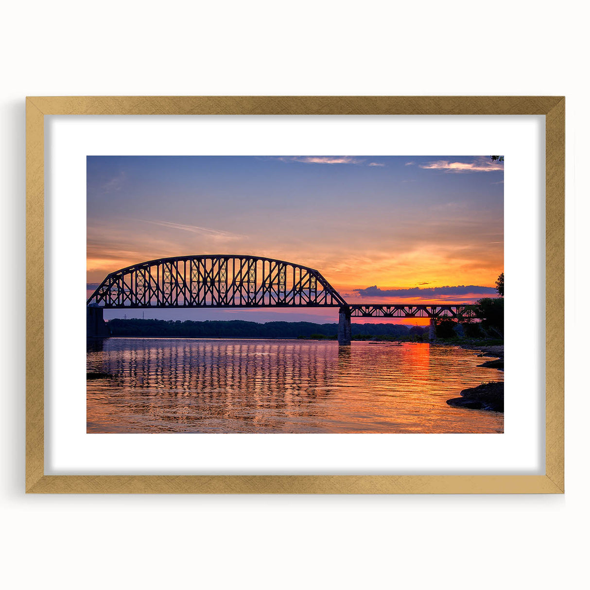 Extra large abstract art print of a textured Indiana landscape in muted earth tones, framed in gold.