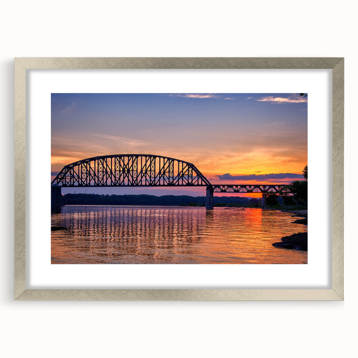 Textured abstract art print depicting a serene Indiana landscape in muted earth tones on a framed silver mat.