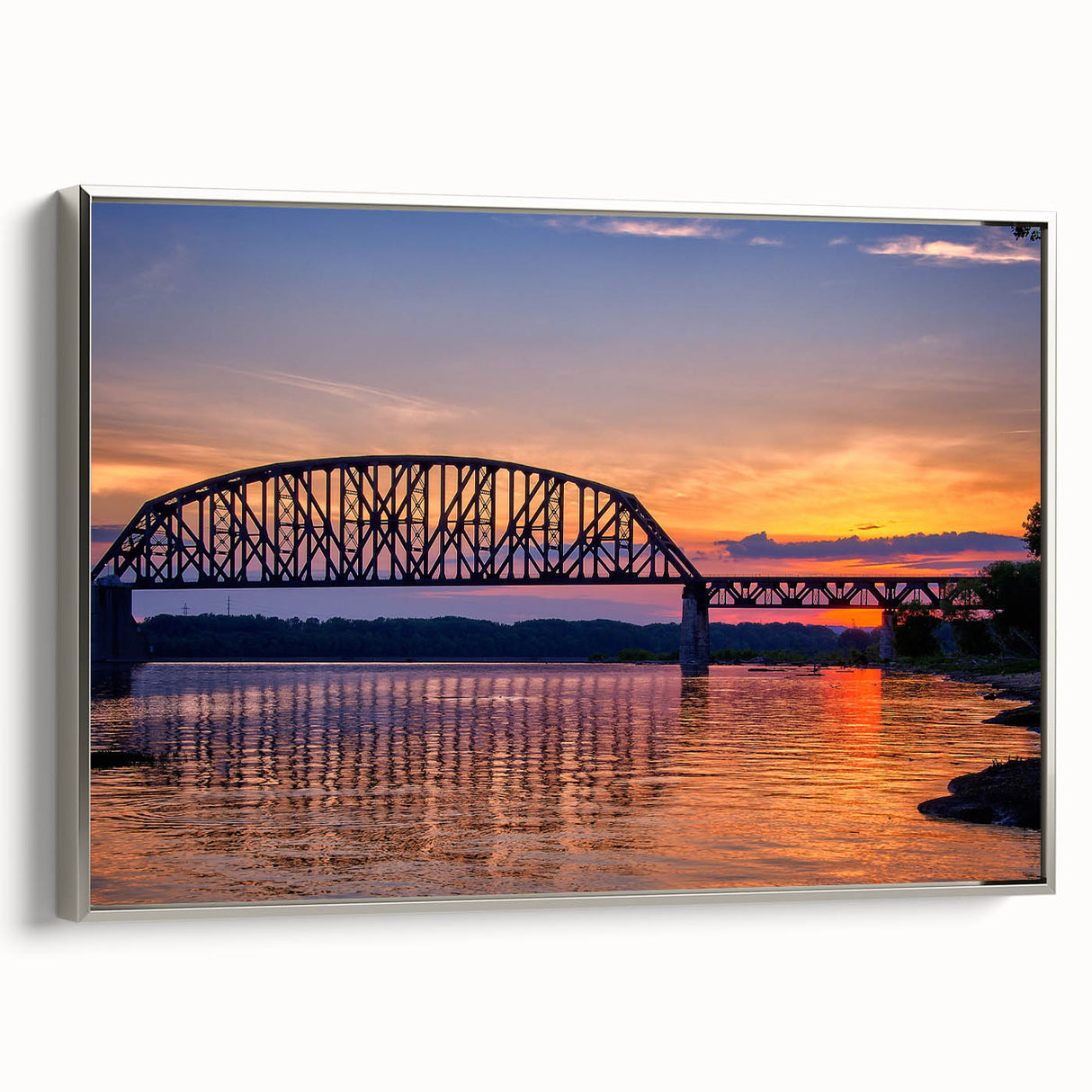 Landscape painting of Indiana scenery on framed canvas, featuring a palette of black with colorful accents.