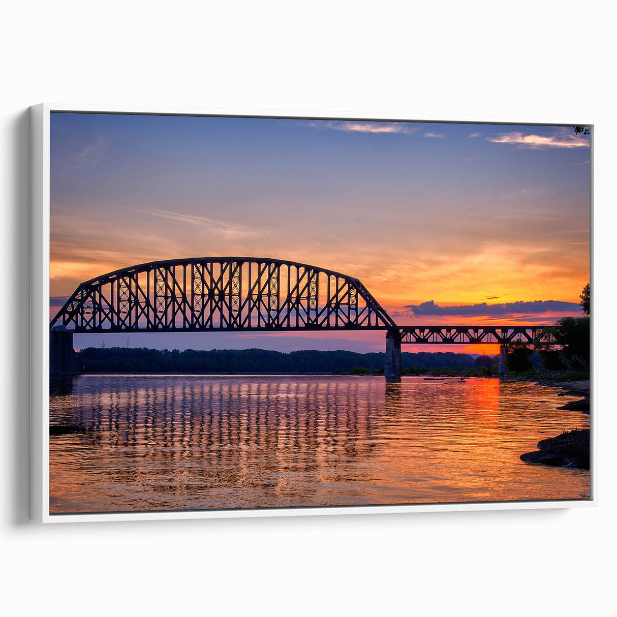 Vintage poster art of Indiana scenery on extra large framed canvas, featuring colorful art against a black background.
